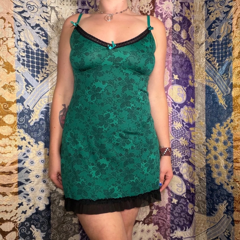 Green Black Fairy Grunge Lace Trim Ruffled Coquette Mini Slip Dress Camisole L